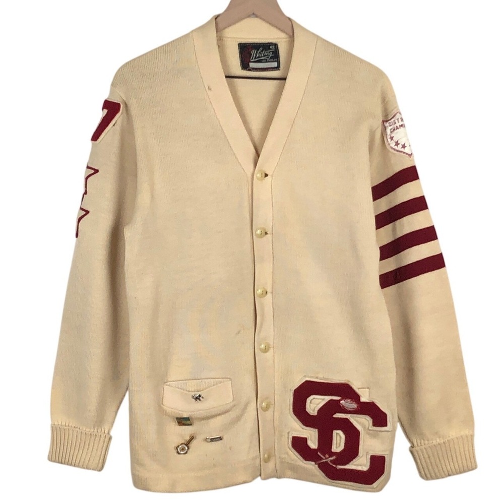 VTG WHITING Letterman Cardigan Sz 42 Cream Burgundy SC Patch Football Baseball
